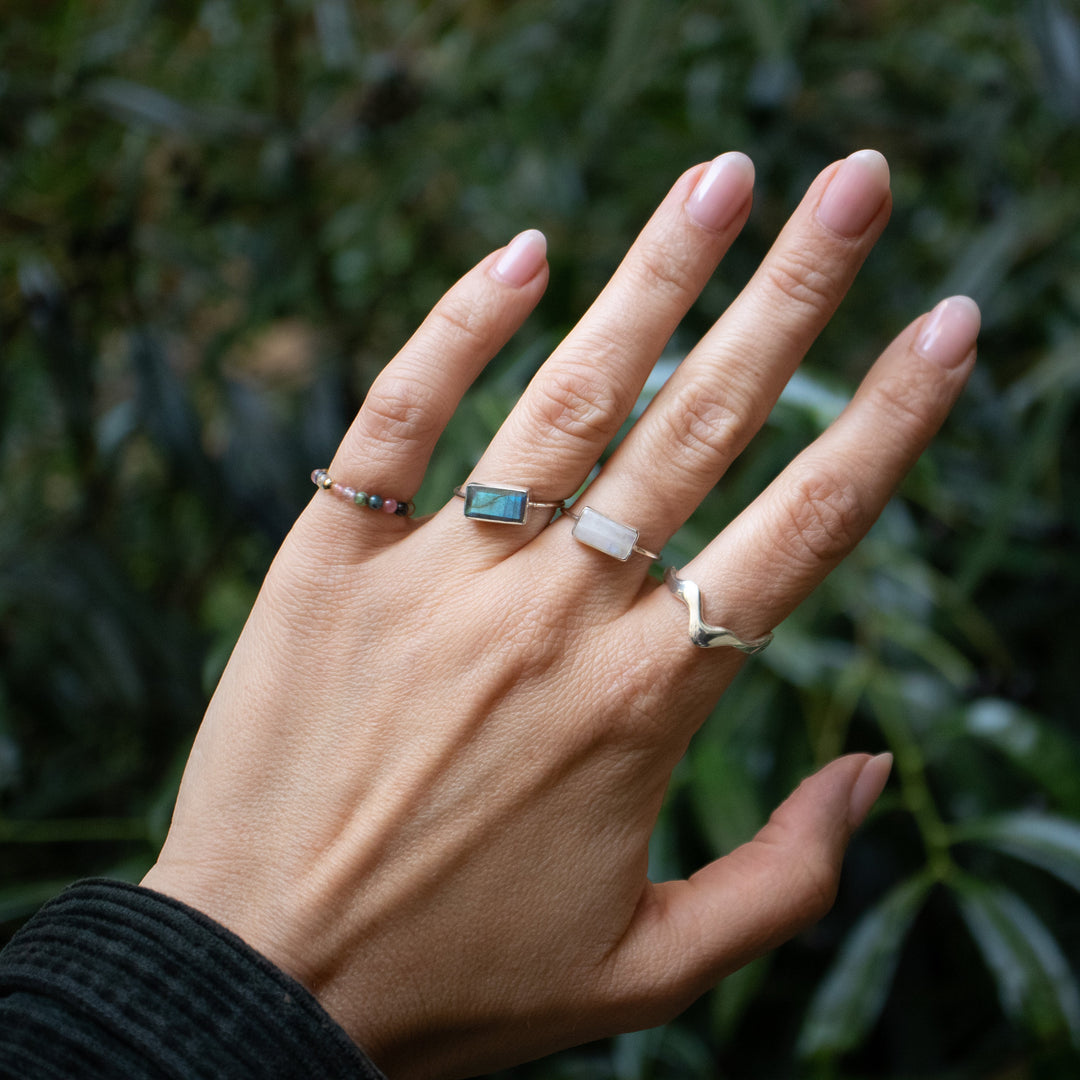 Bague en labradorite carrée en argent sterling 925 bleu-vert