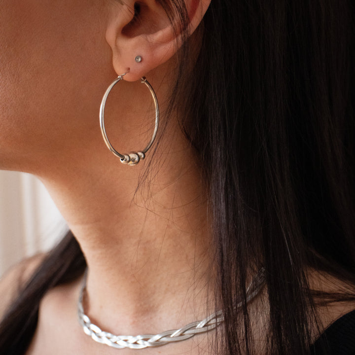 Créoles en Argent Sterling 925 avec Boules Mobiles, Boucles d'Oreilles en Différentes Tailles