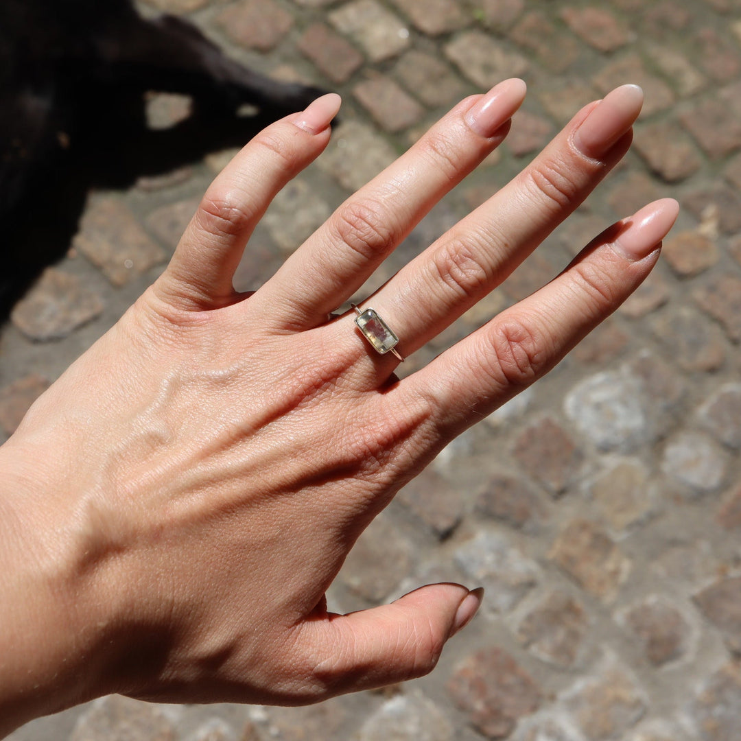 Bague en pierre de lune arc-en-ciel carrée en argent sterling 925 / Bague en pierre de lune