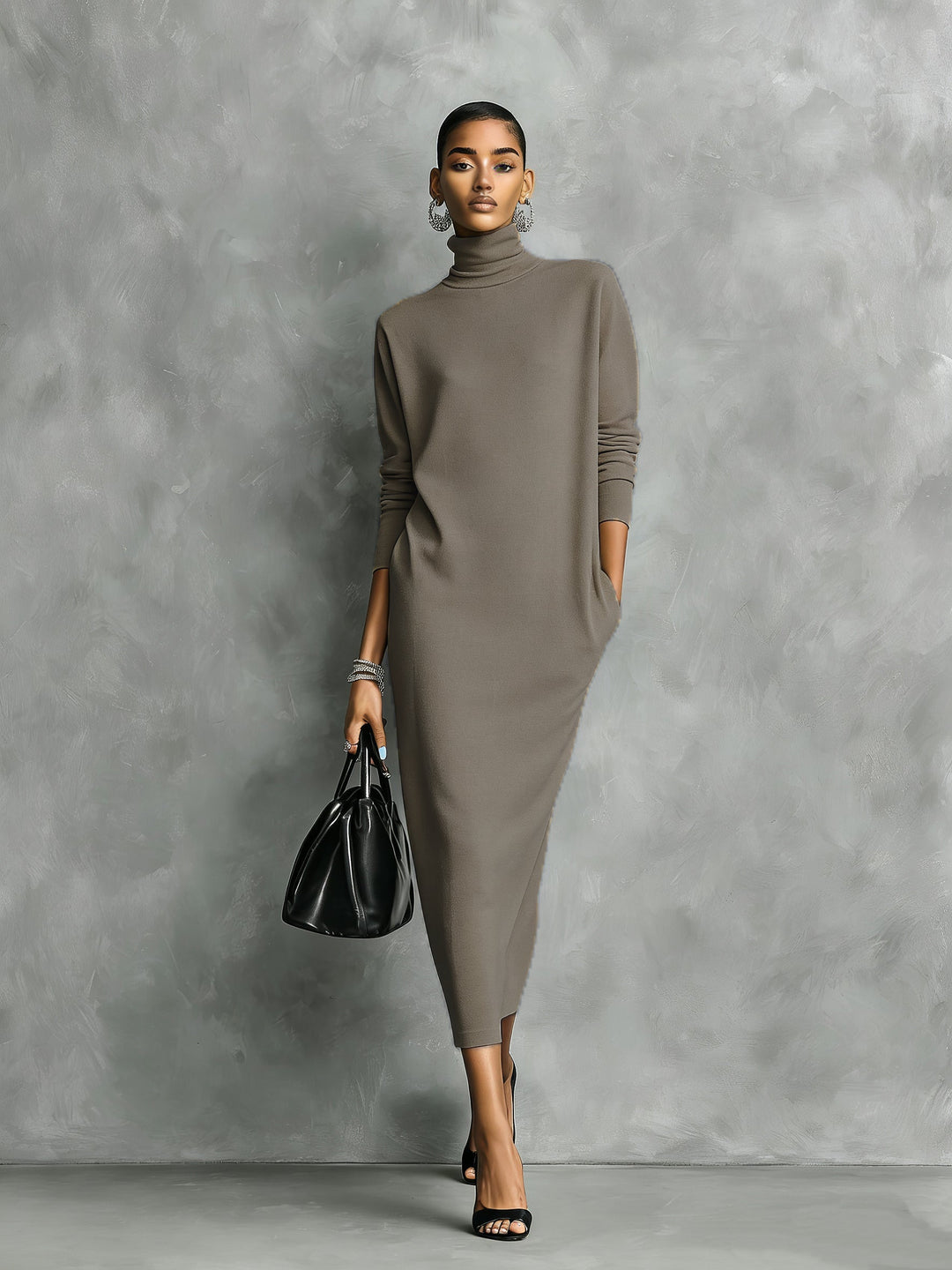 Robe Midi Ample en Maille Noire Élégante pour Femmes à Col et Manches Longues Sans Poches MDA1974L7AN