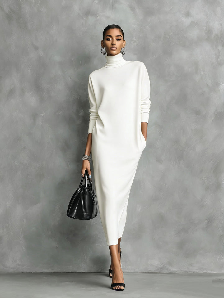 Robe Midi Ample en Maille Noire Élégante pour Femmes à Col et Manches Longues Sans Poches MDA1974L7AN