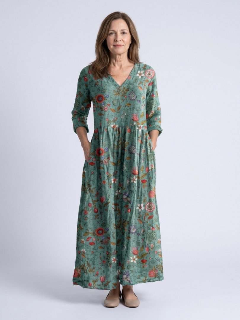 Marina | Robe maxi à décolleté en V floral avec manches trois-quarts