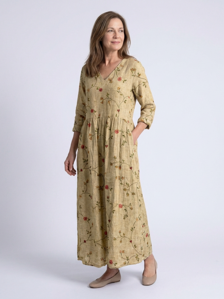 Marina | Robe maxi à décolleté en V floral avec manches trois-quarts