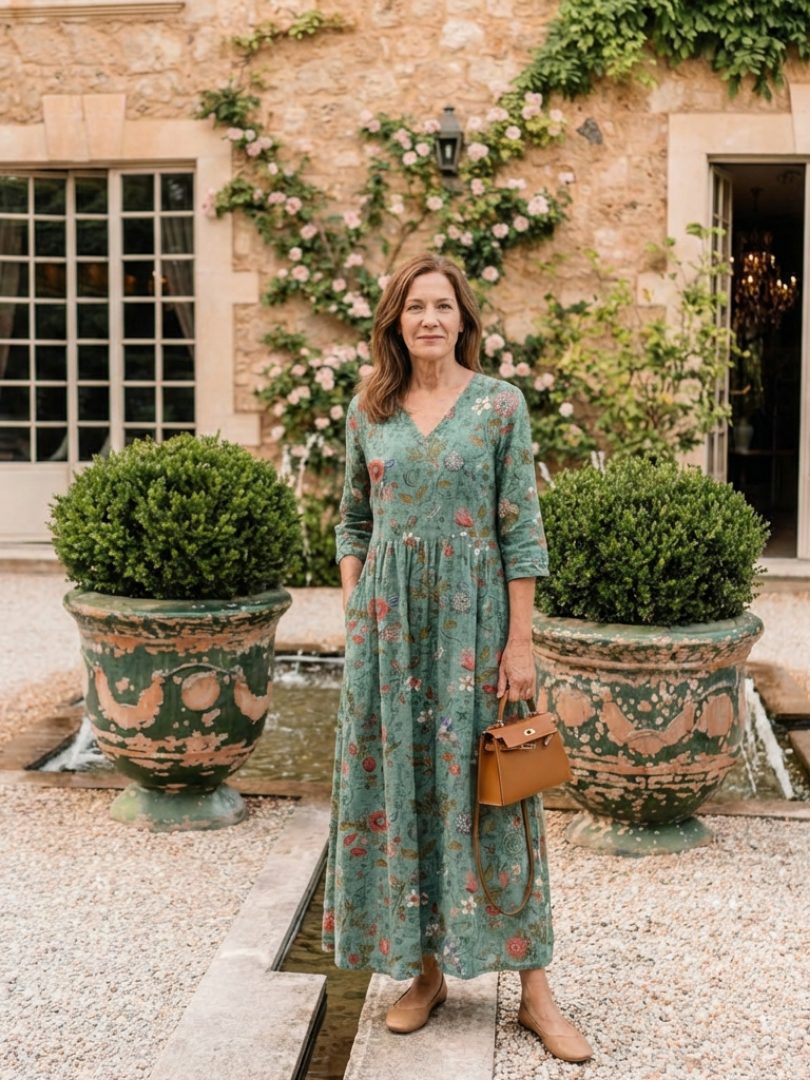 Marina | Robe maxi à décolleté en V floral avec manches trois-quarts