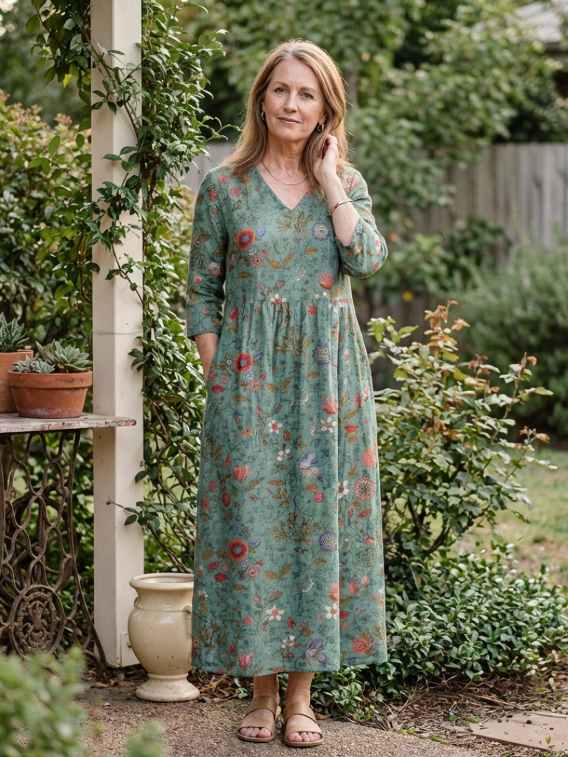 Marina | Robe maxi à décolleté en V floral avec manches trois-quarts