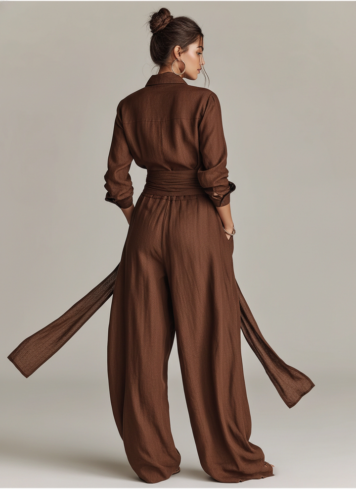 Combinaison à Manches Longues en Coton-Lin Tissé Élégante pour Femmes, Marron, avec Col Chemise et Ceinture MDA1965L9AN