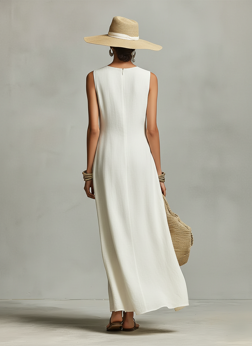 Robe en Lin Respirant Ivoire pour Femmes avec Détail Sans Manches & Ourlet Asymétrique, Style Décontracté et Féminin Contemporain MDZ0408C2I