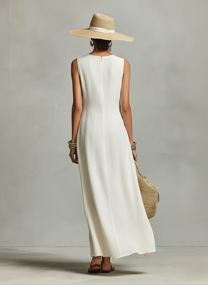 Robe en Lin Respirant Ivoire pour Femmes avec Détail Sans Manches & Ourlet Asymétrique, Style Décontracté et Féminin Contemporain MDZ0408C2I