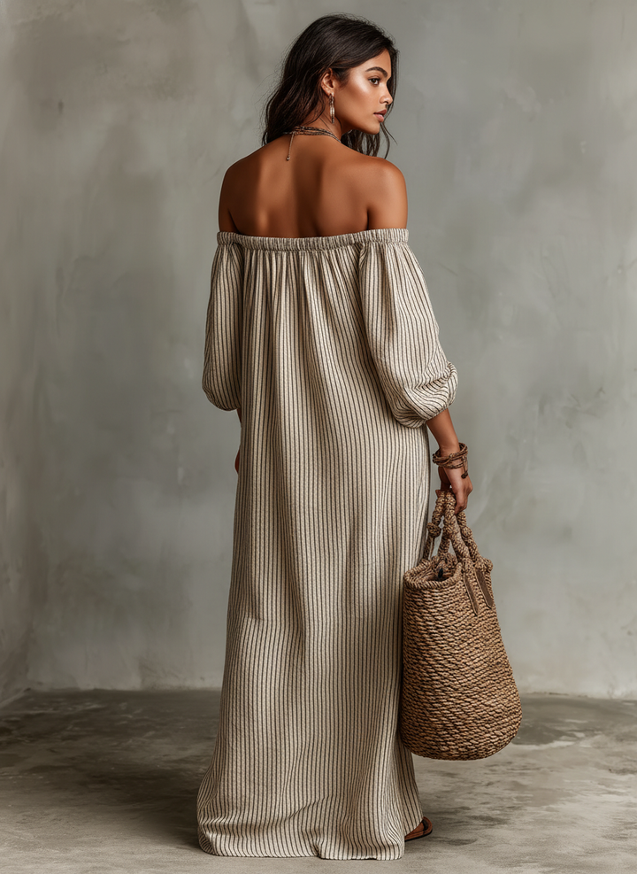 Robe Maxi à Manches Longues en Mélange Coton-Lin pour Femmes, Style Vacances, Épaules Dénudées MDZ0481B5Y