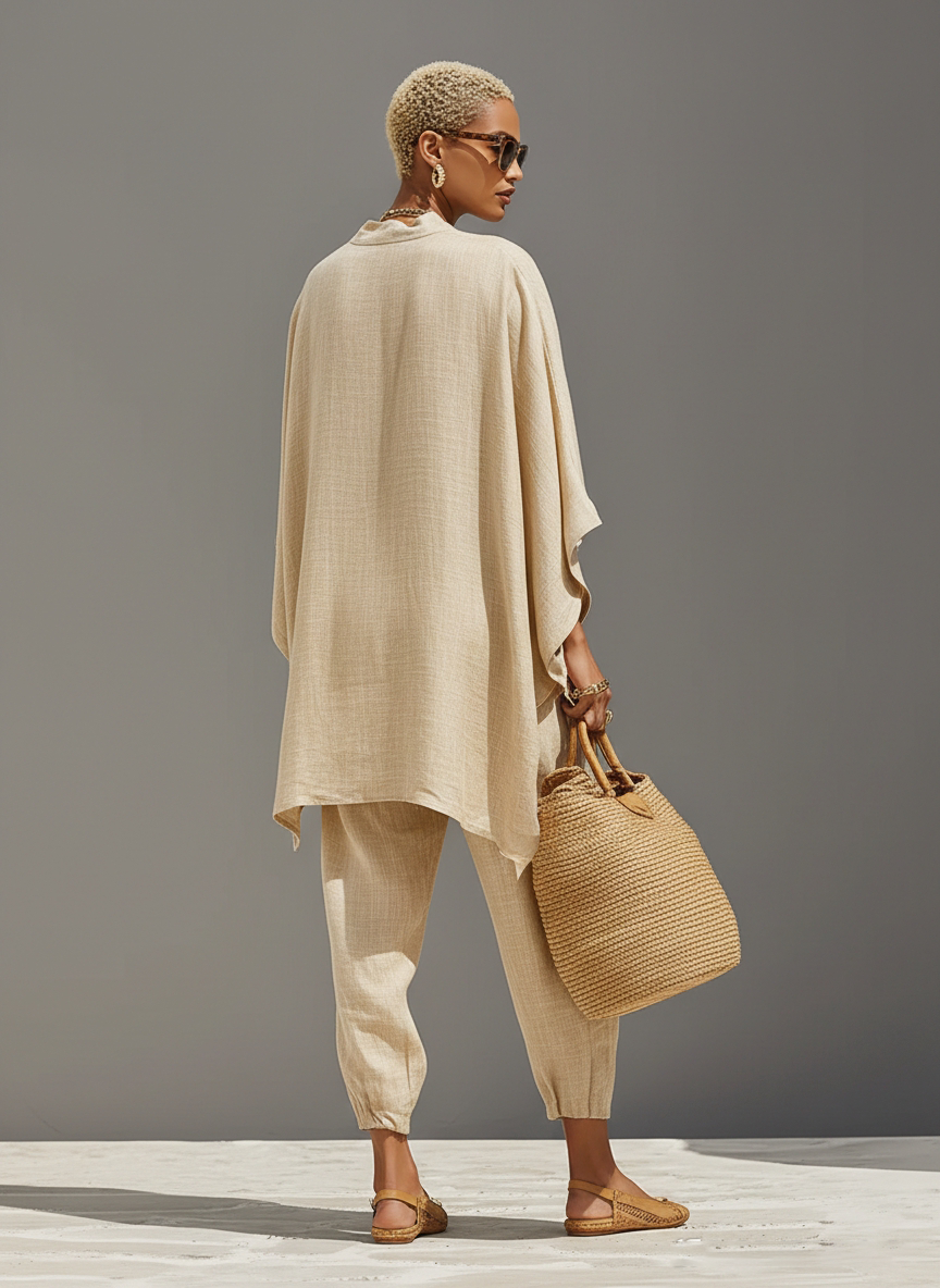 Ensemble en Lin Neutre pour Femmes avec Ourlet Asymétrique & Design Minimaliste, Ensemble de Style Décontracté Raffiné MDZ0501B3I