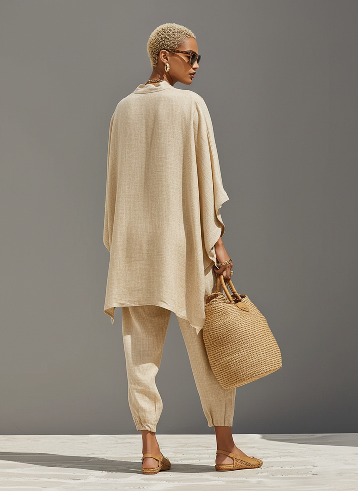 Ensemble en Lin Neutre pour Femmes avec Ourlet Asymétrique & Design Minimaliste, Ensemble de Style Décontracté Raffiné MDZ0501B3I