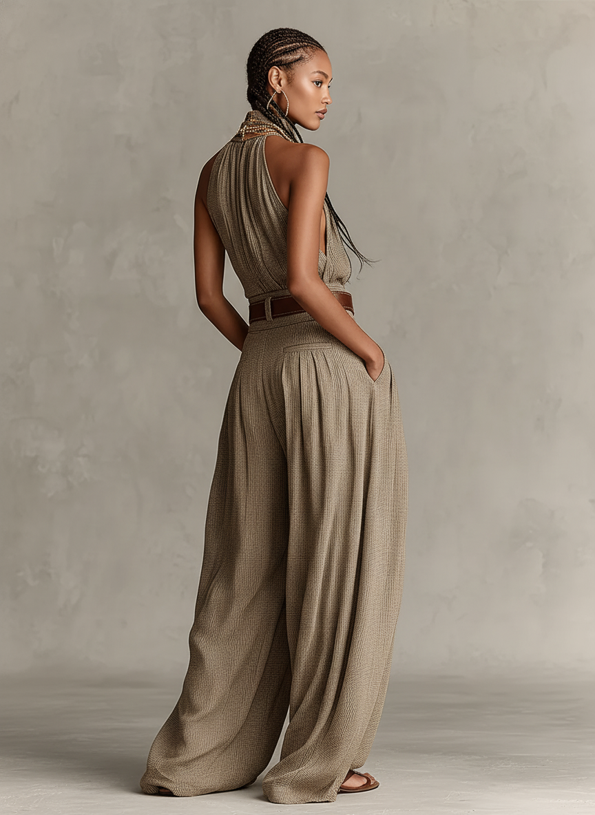 Combinaison Femme Taupe Mélange Coton Avec Col Halter & Pantalons Larges, Style Boho-Élégant Intemporel (Sans Ceinture) MDZ0940C3I