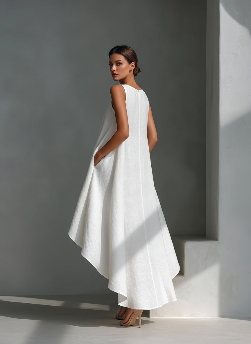 Robe Midi Sans Manches en Lin Blanc pour Femmes avec Col Ronde & Ourlet Asymétrique MDZ0987B9T