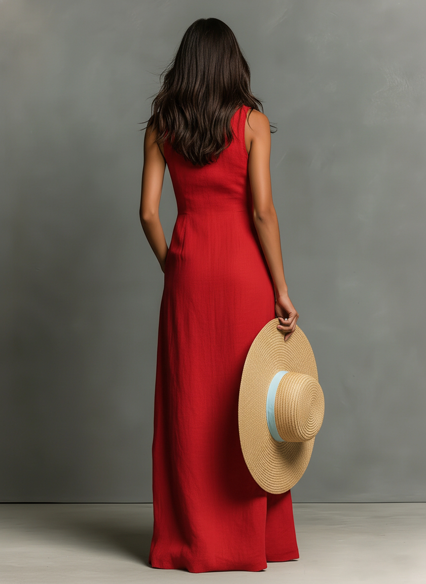 Robe Chemise Maxi Sans Manches à Col Minimaliste en Mélange de Lin pour Femmes MDZ1011C0Y