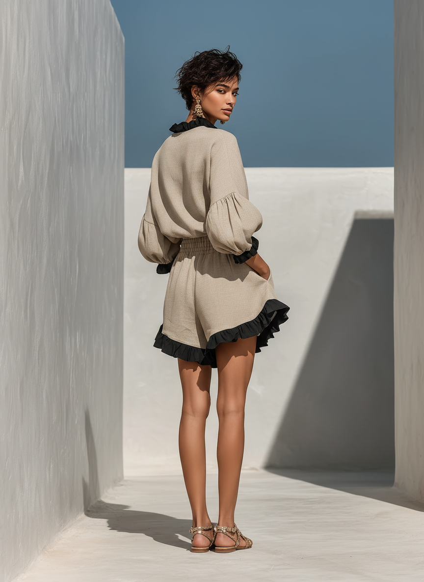 Blouse à Manches Longues en Mélange de Lin Beige pour Femmes avec Détails de Volant Contrastants & Short Taille Haute à Volants Ensemble de Deux Pièces MDZ1018D0T