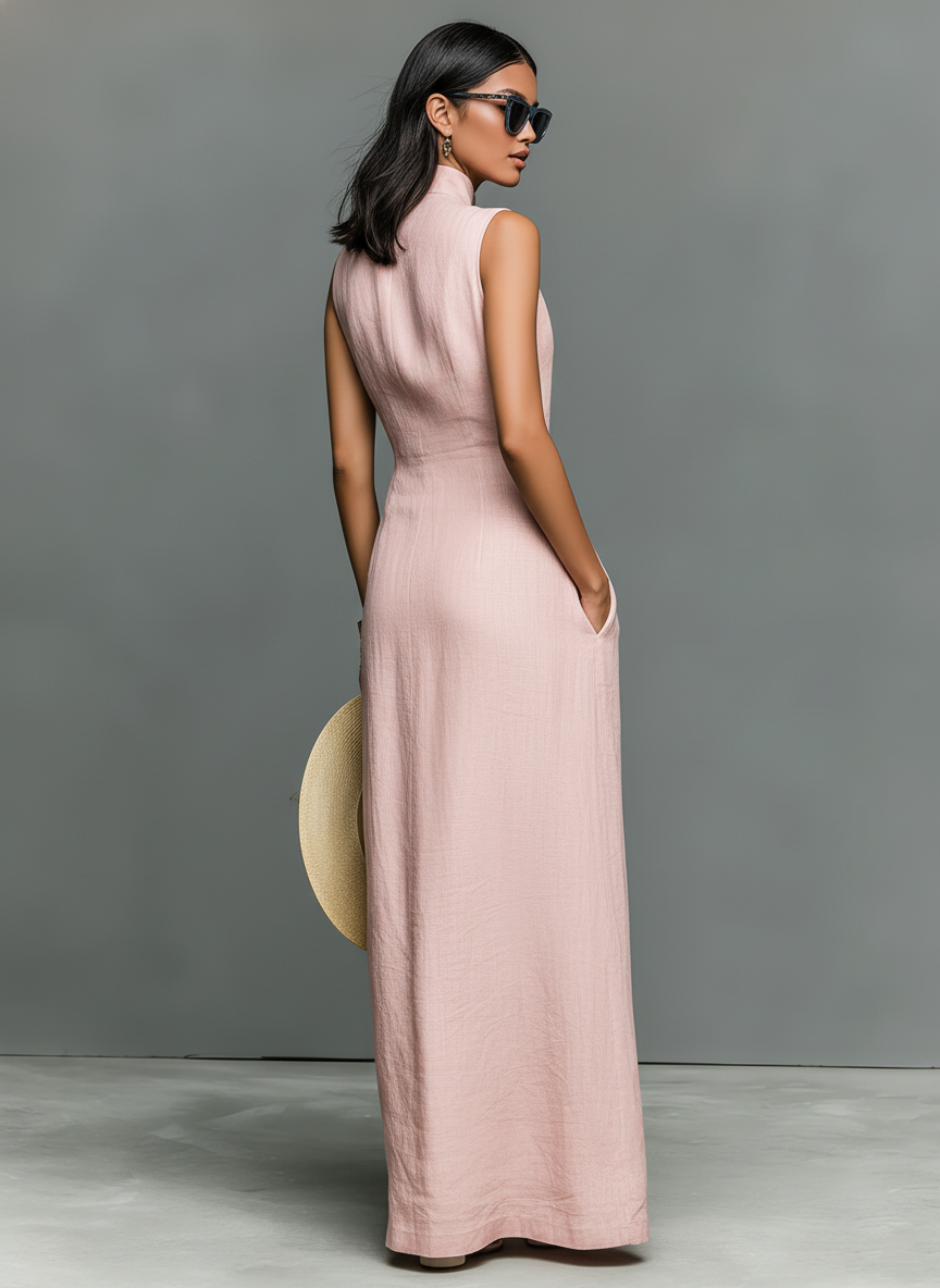 Robe Maxi Sans Manches en Mélange de Lin Minimaliste pour Femmes avec Col Montant et Boutonnage Unique MDZ1049C1Y
