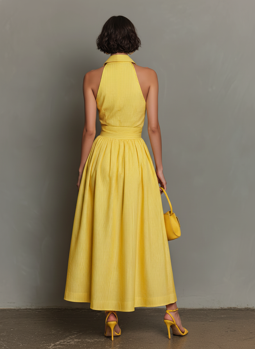 Robe Maxi Sans Manches à Col Rayé Minimaliste pour Femmes MDZ1099D5Y