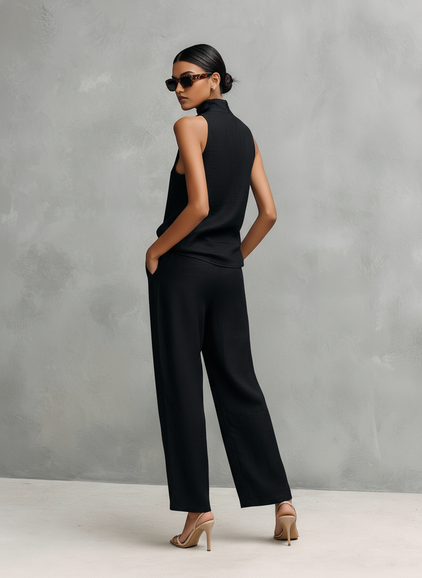 Ensemble Top et Pantalon Sans Manches en Coton et Lin Noir Élégant pour Femmes MDZ1441A4AN
