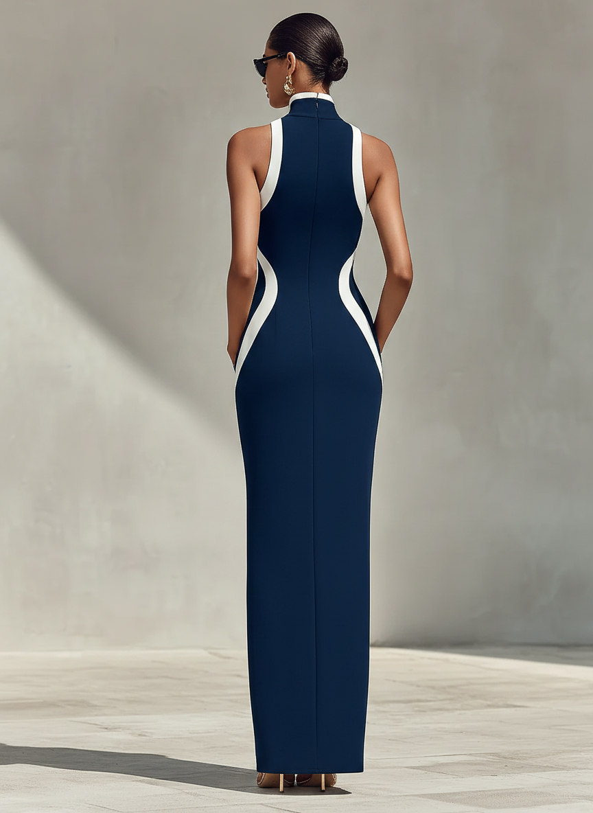 Robe Formelle Ajustée Marine et Blanche avec Détail de Fermeture Éclair Avant et Fente Latérale, Élégante et Sans Effort MDZ1519D1LYL