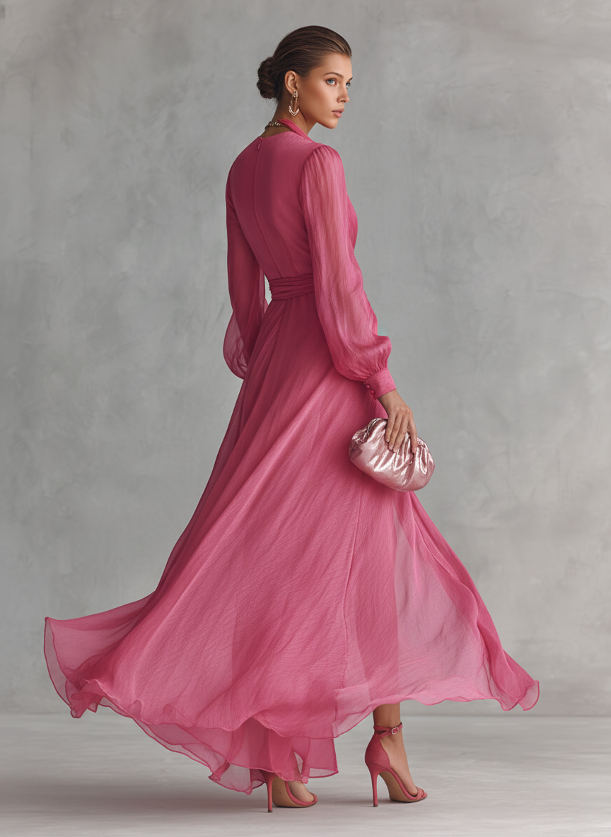 Robe en Chiffon Rose avec Décolleté en V