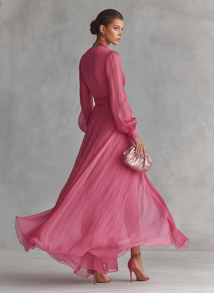 Robe en Chiffon Rose avec Décolleté en V