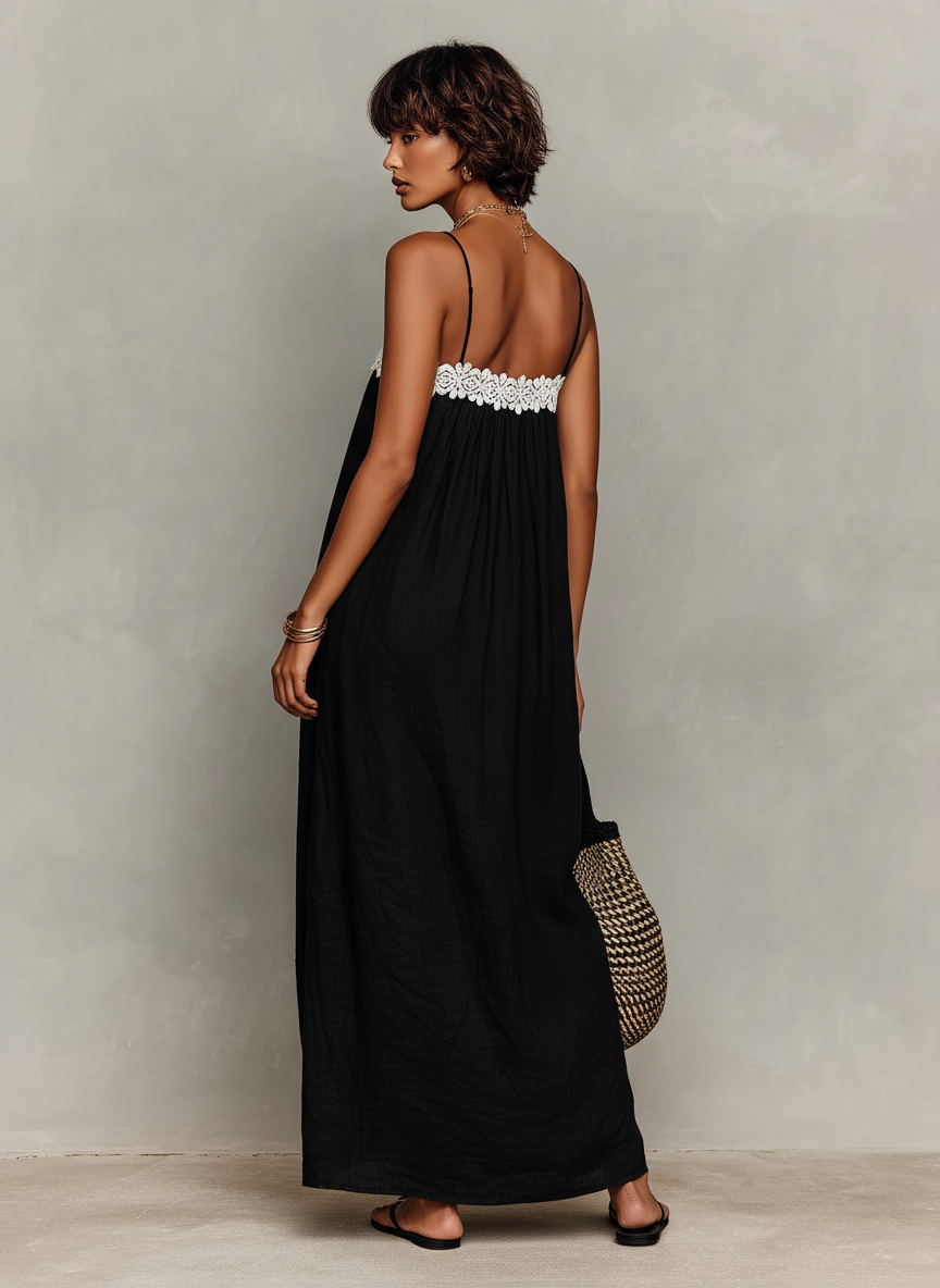 Robe Maxi Sans Manches en Mélange de Lin Minimaliste pour Femmes avec Bretelles Spaghetti MDZ1926C9Y
