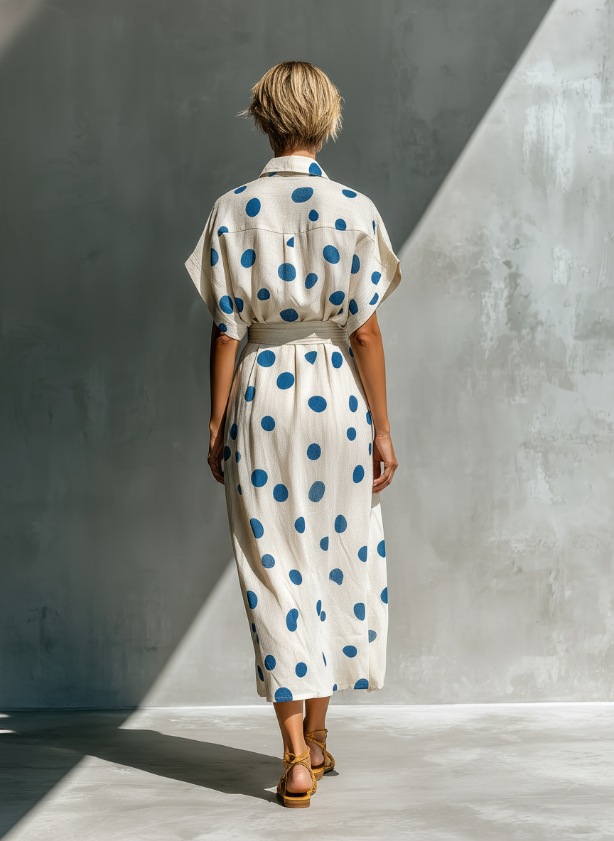 Robe Chemise à Pois en Mélange de Lin Blanc Cassé avec Ceinture et Poches pour Femmes MDZ2481D3T