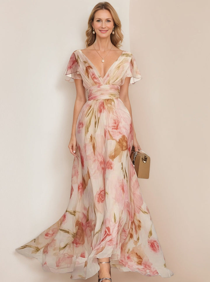 Robe à Décolleté en V et Manches Courtes Imprimée Floral avec Volants