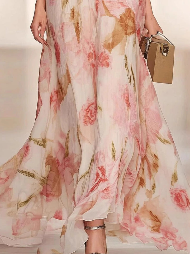 Robe à Décolleté en V et Manches Courtes Imprimée Floral avec Volants