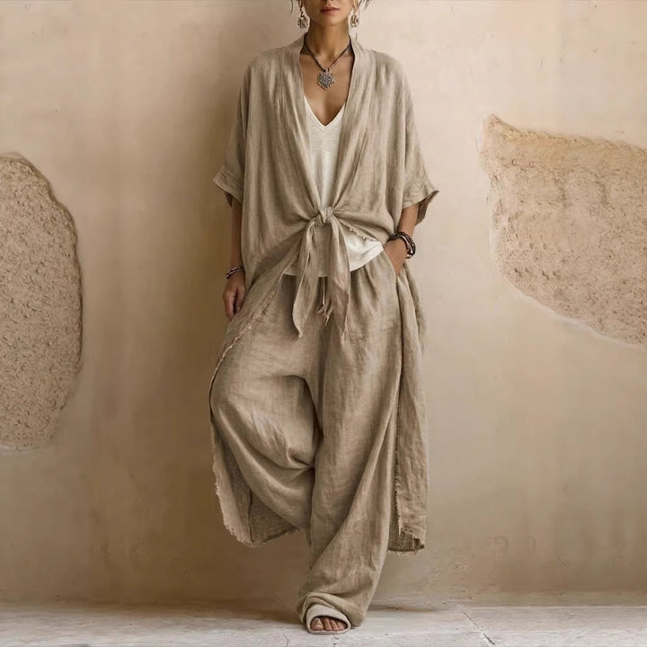 Kimono en Lin Surdimensionné & Pantalon Large Ensemble Deux-Pièces