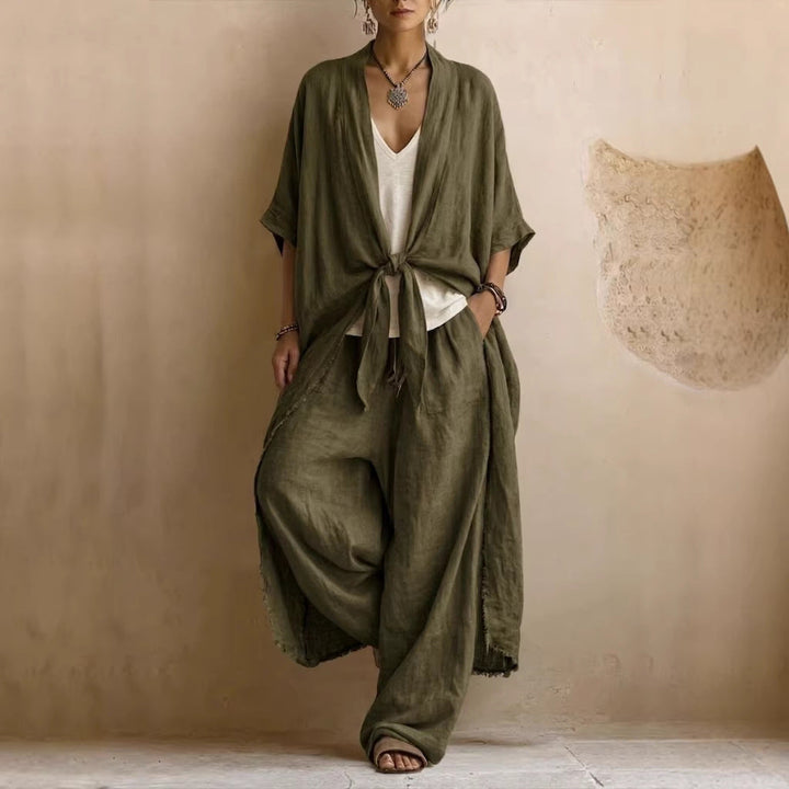 Kimono en Lin Surdimensionné & Pantalon Large Ensemble Deux-Pièces