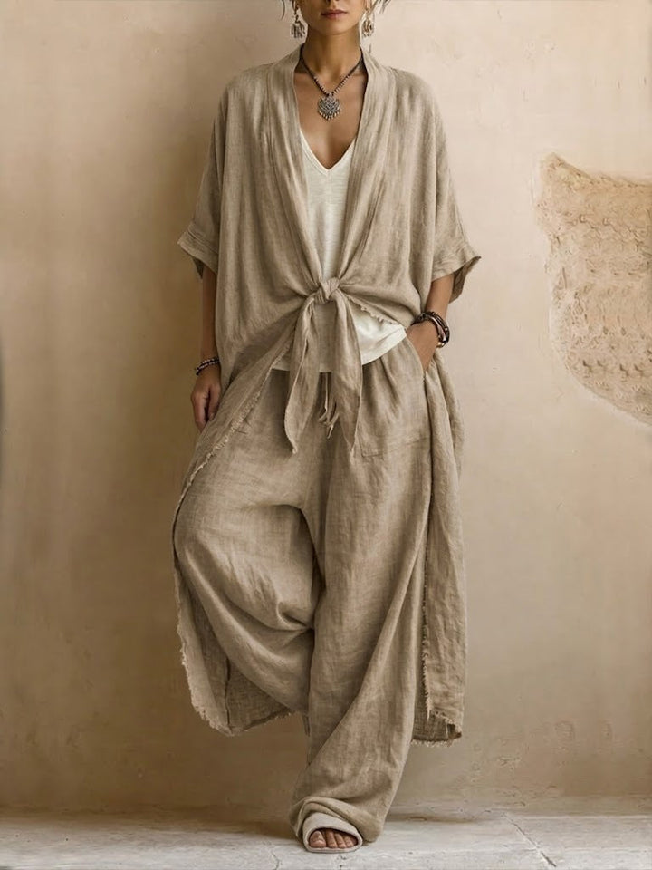 Kimono en Lin Surdimensionné & Pantalon Large Ensemble Deux-Pièces