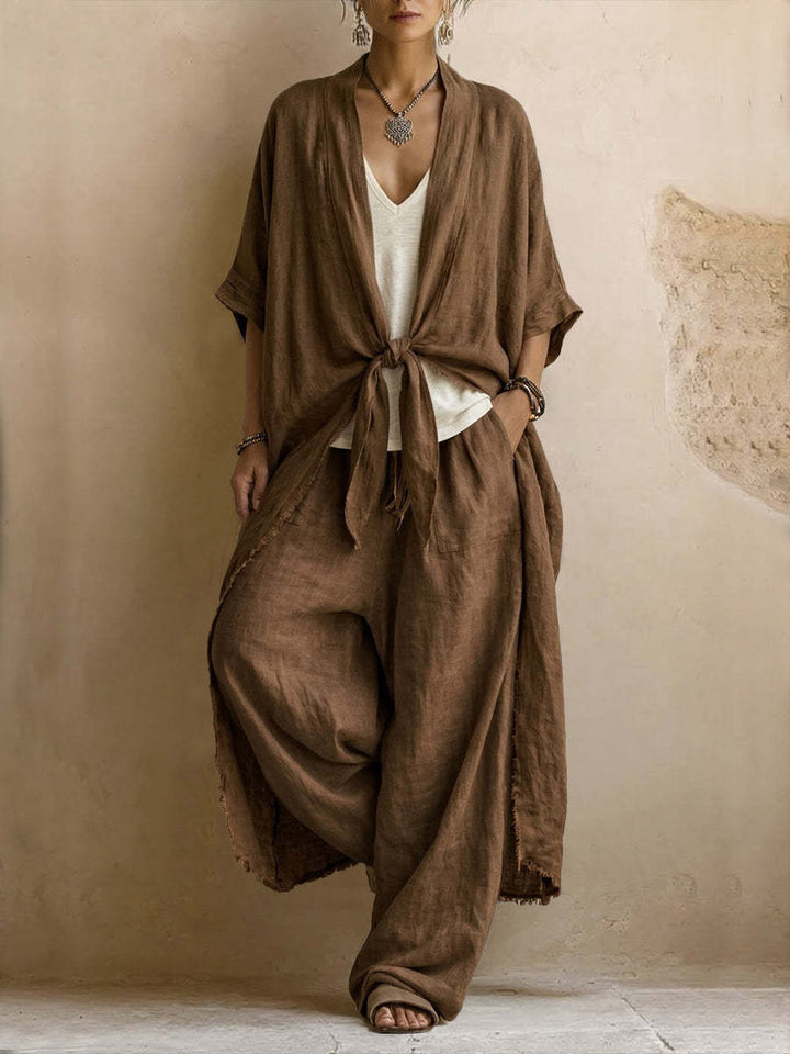 Kimono en Lin Surdimensionné & Pantalon Large Ensemble Deux-Pièces