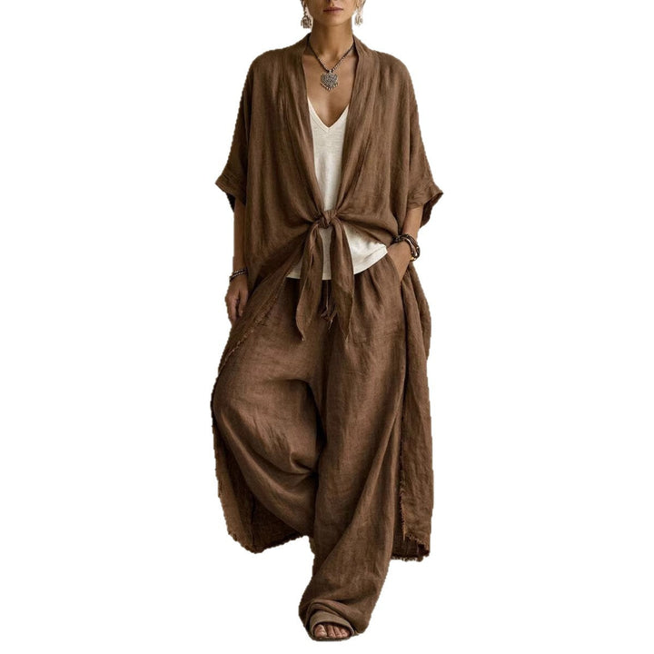 Kimono en Lin Surdimensionné & Pantalon Large Ensemble Deux-Pièces