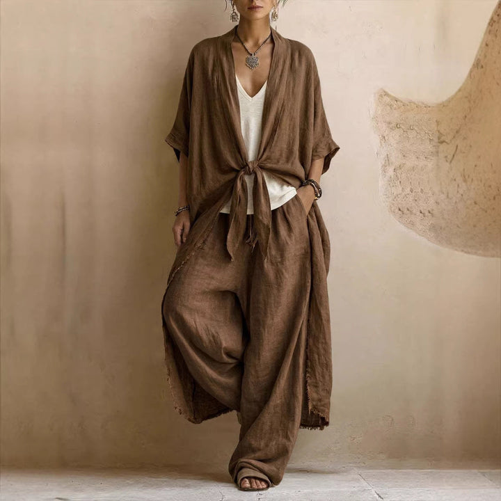 Kimono en Lin Surdimensionné & Pantalon Large Ensemble Deux-Pièces