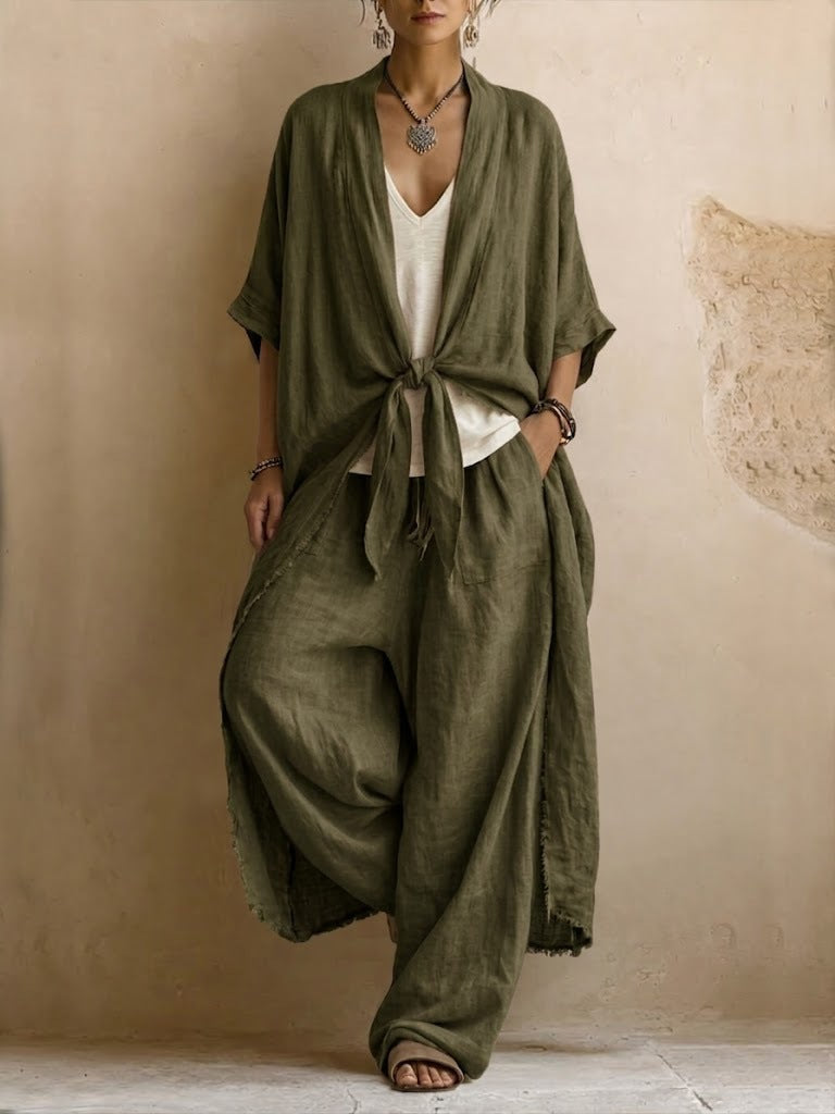 Kimono en Lin Surdimensionné & Pantalon Large Ensemble Deux-Pièces