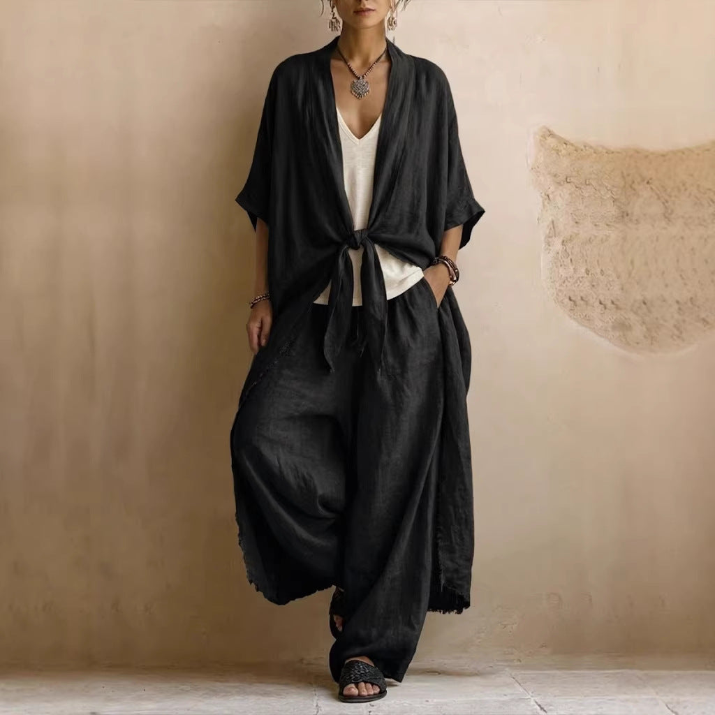 Kimono en Lin Surdimensionné & Pantalon Large Ensemble Deux-Pièces