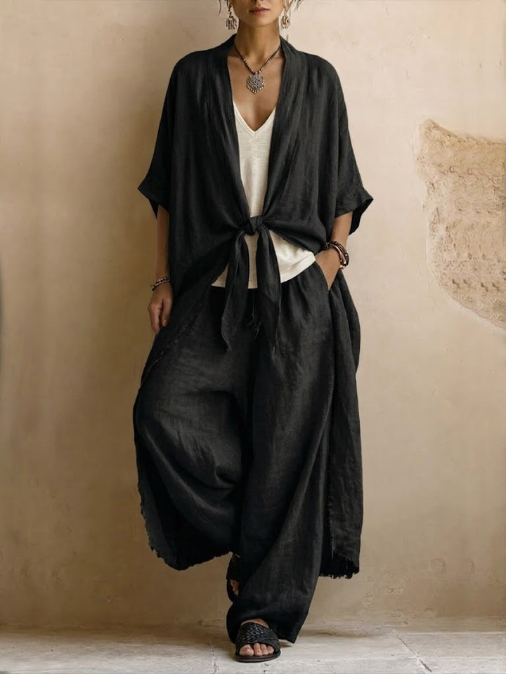 Kimono en Lin Surdimensionné & Pantalon Large Ensemble Deux-Pièces
