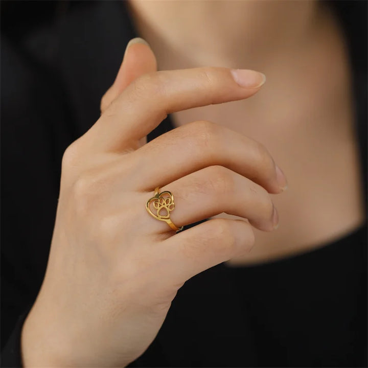 Bague en Acier Inoxydable en Forme de Patte et de Cœur – Bijoux pour Amoureux des Animaux