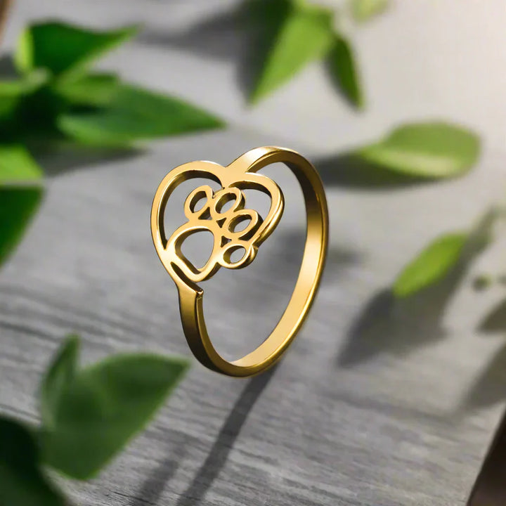 Bague en Acier Inoxydable en Forme de Patte et de Cœur – Bijoux pour Amoureux des Animaux