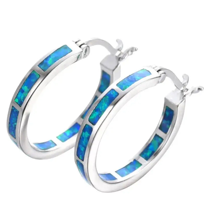 Boucles d'oreilles Chic en Cercle avec Opale de Feu Bleue