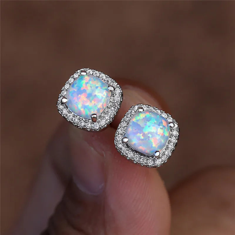 Boucles d'Oreilles en Argent Élégantes avec Opale de Feu Blanche Ronde