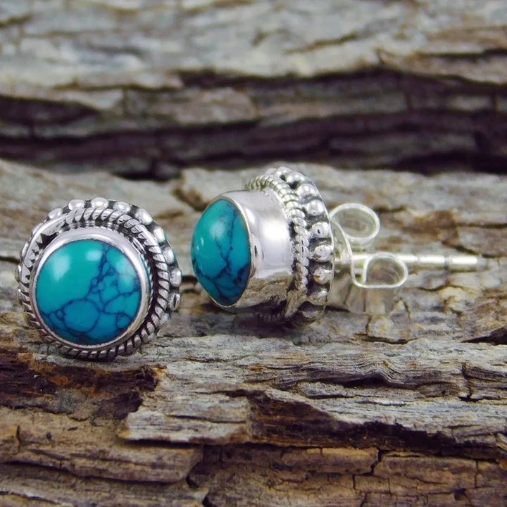 Boucles d'oreilles Rondes Antiques en Pierre Turquoise