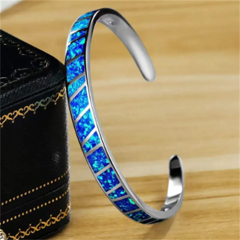 Bracelet en Opale de Feu Bleue Ajustable en Argent