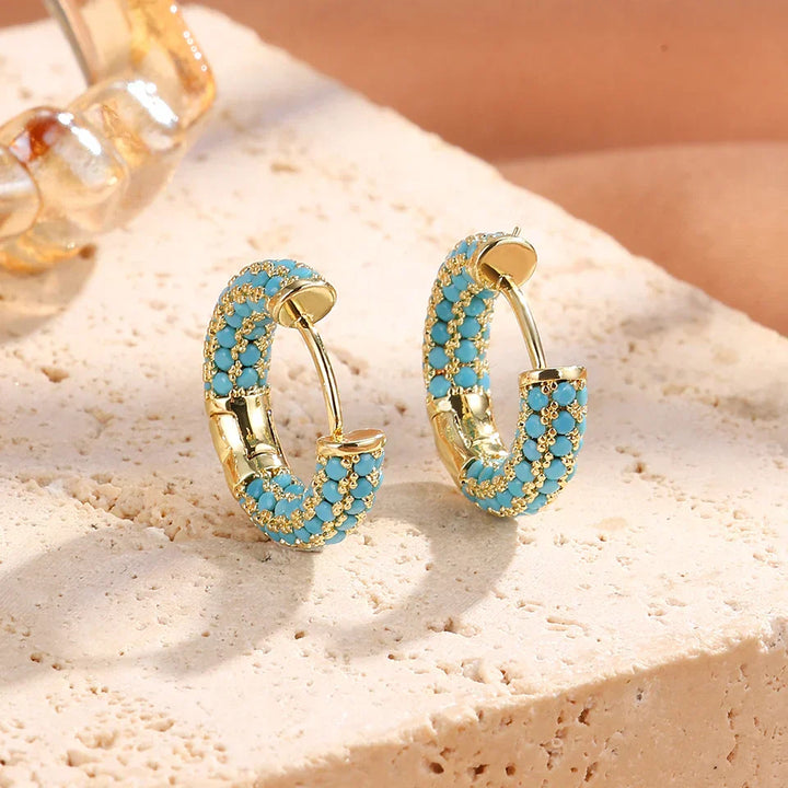 Boucles d'Oreilles en Cerceau avec Fleur Bleue Turquoise Chic