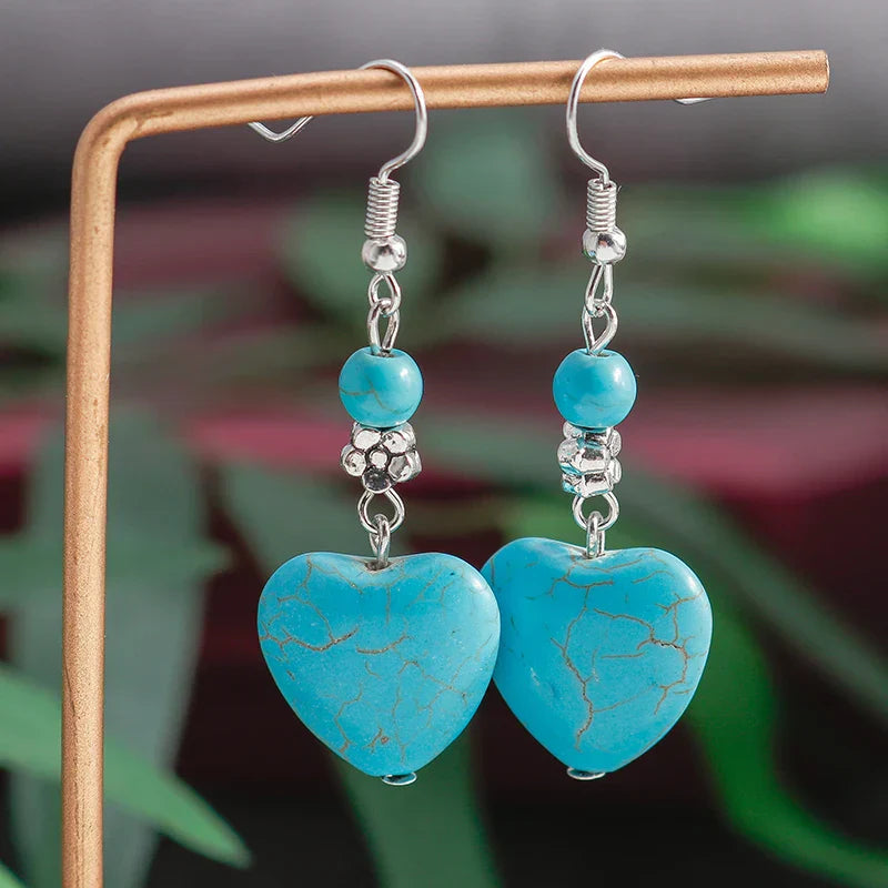 Boucles d'oreilles pendantes en cœur turquoise antique