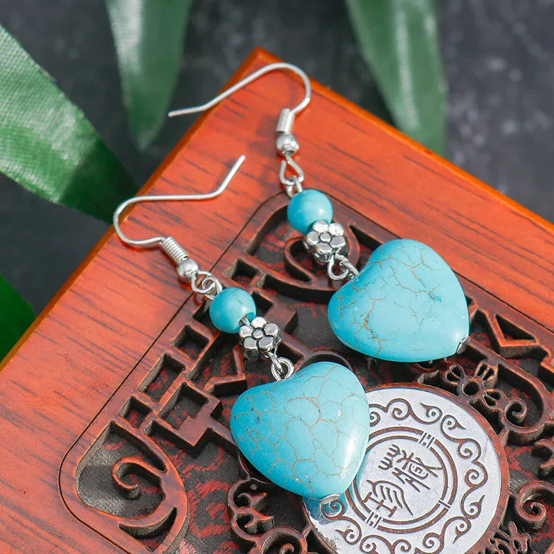 Boucles d'oreilles pendantes en cœur turquoise antique