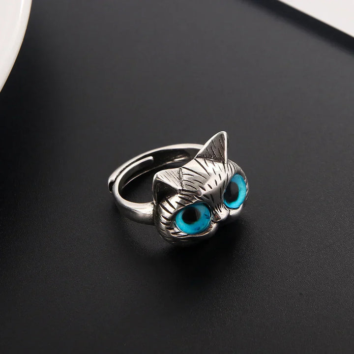 Bague avec chat aux yeux bleus – Bague en argent vintage ludique pour les amoureux des chats