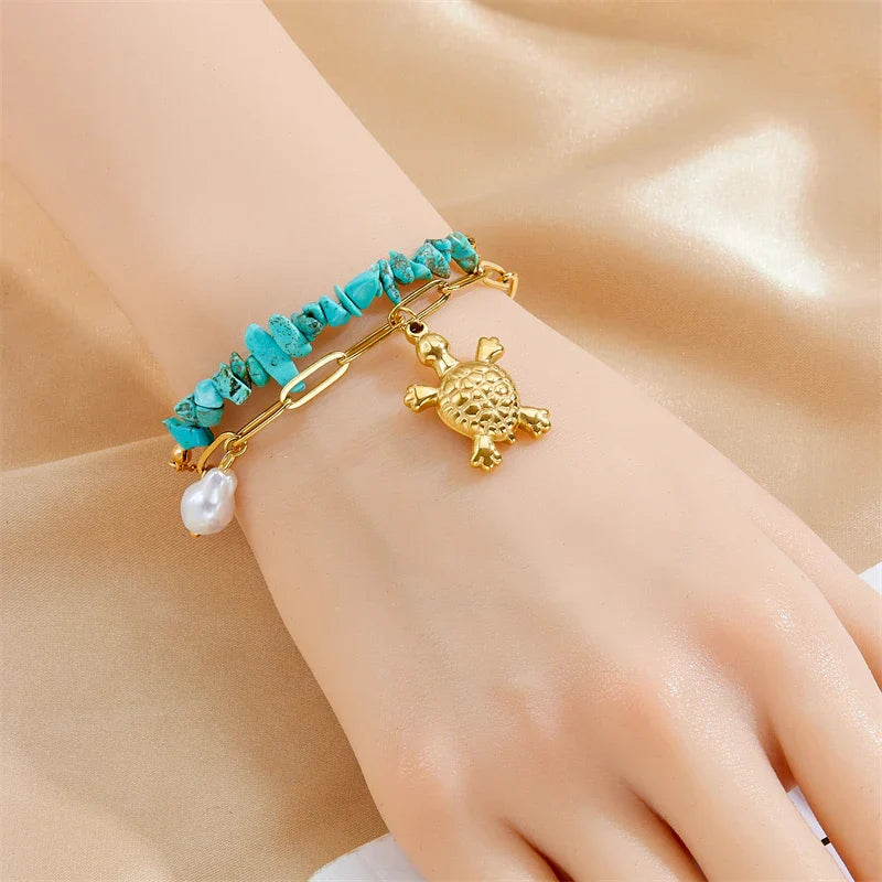 Bracelet Exclusif en Acier Inoxydable Turquoise Tortue