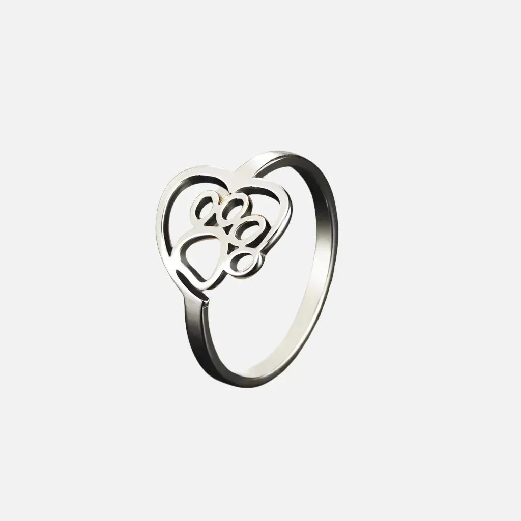 Bague en Acier Inoxydable en Forme de Patte et de Cœur – Bijoux pour Amoureux des Animaux